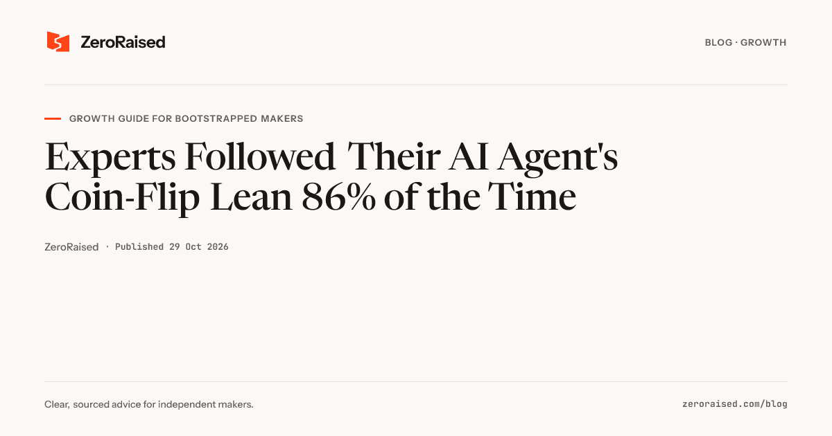 Editorial title card reading "Experts Followed Their AI Agent's Coin-Flip Lean 86% of the Time" beside the orange ZeroRaised mark.