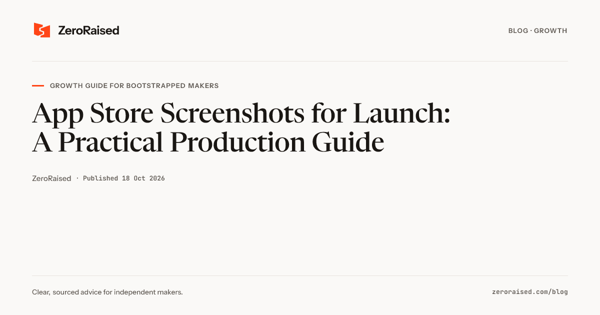 Editorial title card reading "App Store Screenshots for Launch" beside the orange ZeroRaised mark.