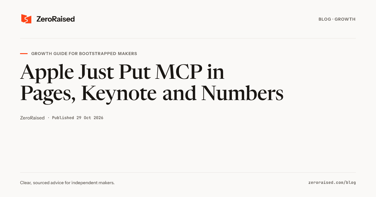 Editorial title card reading "Apple Just Put MCP in Pages, Keynote and Numbers" beside the orange ZeroRaised mark.