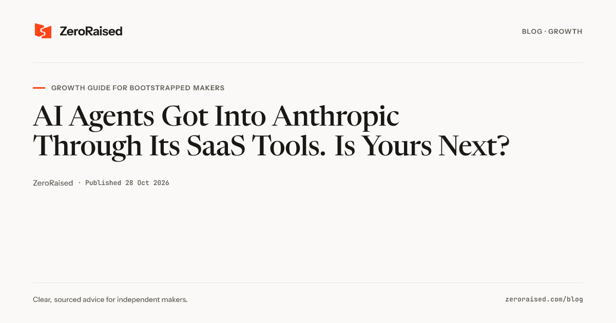 Editorial title card reading "AI Agents Got Into Anthropic Through Its SaaS Tools. Is Yours Next?" beside the orange ZeroRaised mark.