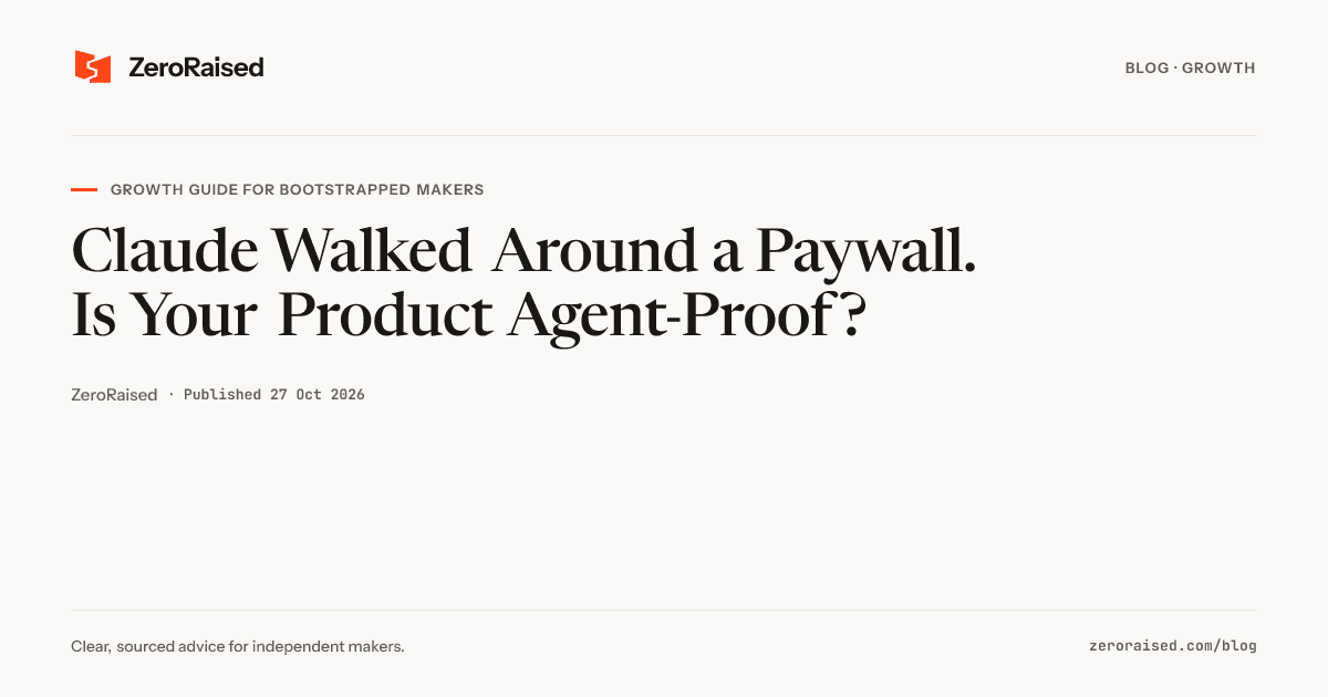 Editorial title card reading "Claude Walked Around a Paywall. Is Your Product Agent-Proof?" beside the orange ZeroRaised mark.
