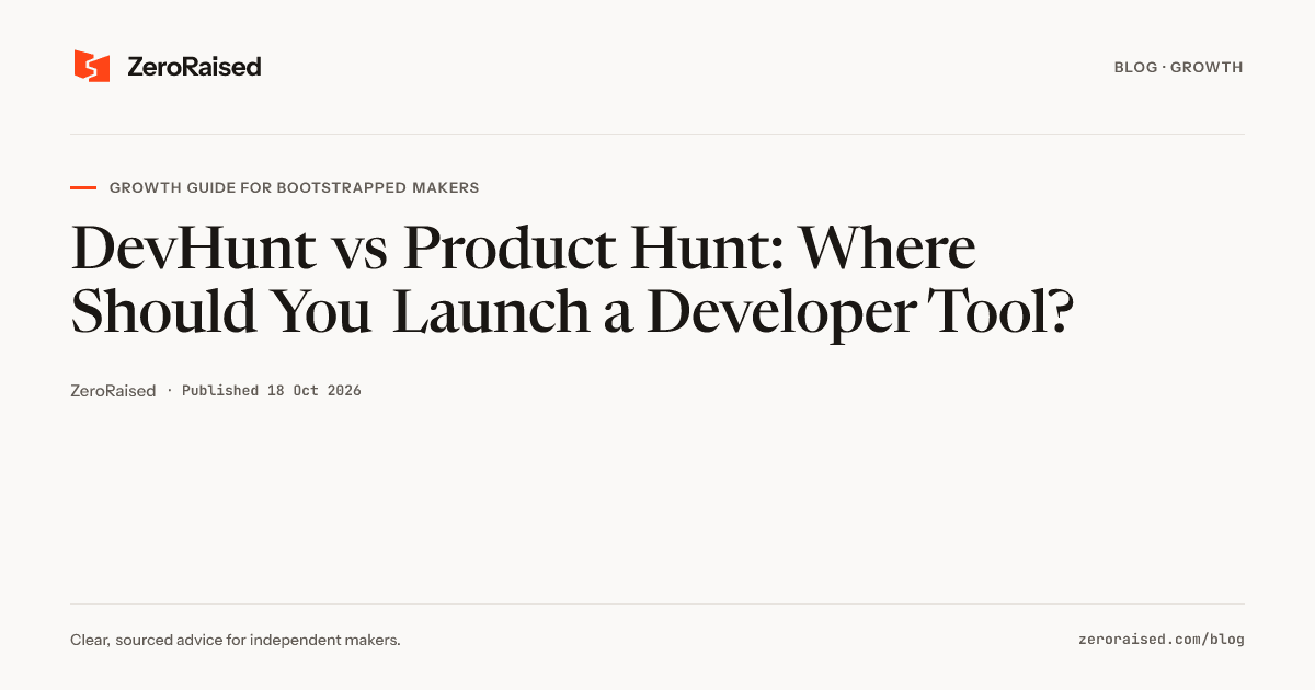 Editorial title card reading "DevHunt vs Product Hunt" beside the orange ZeroRaised mark.
