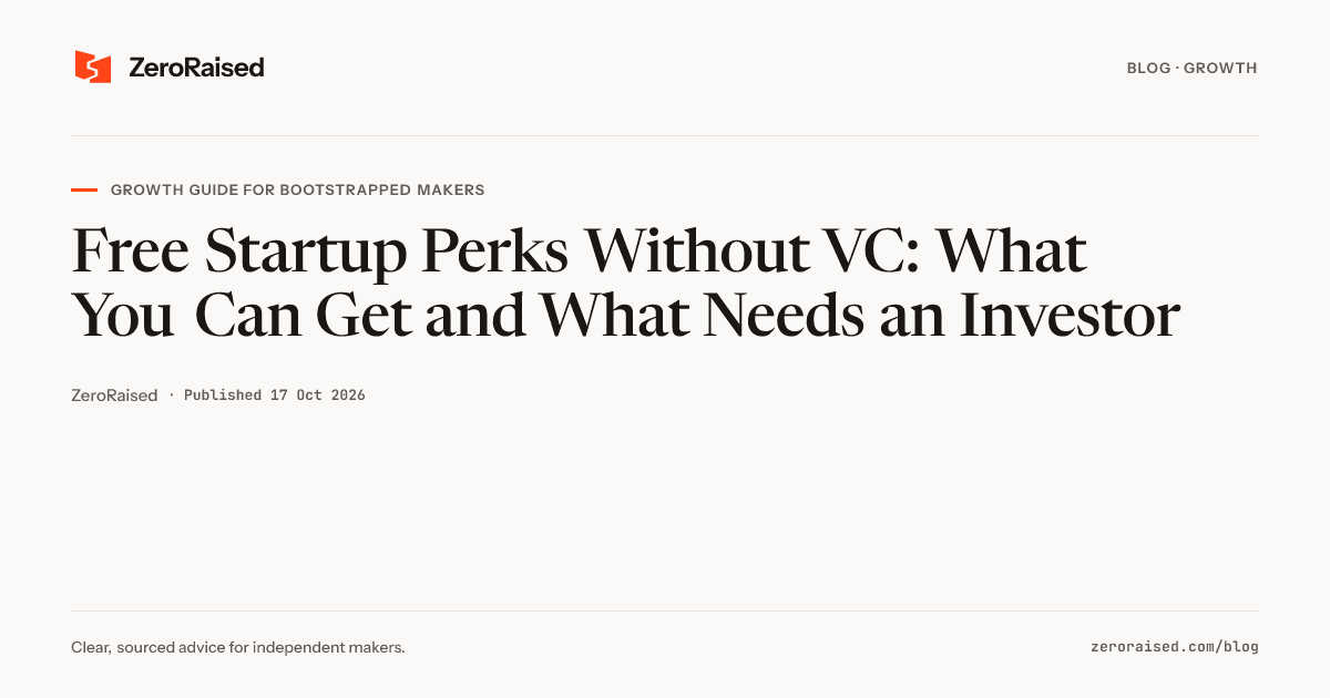 Editorial title card reading "Free Startup Perks Without VC: What You Can Get and What Needs an Investor" beside the orange ZeroRaised mark.