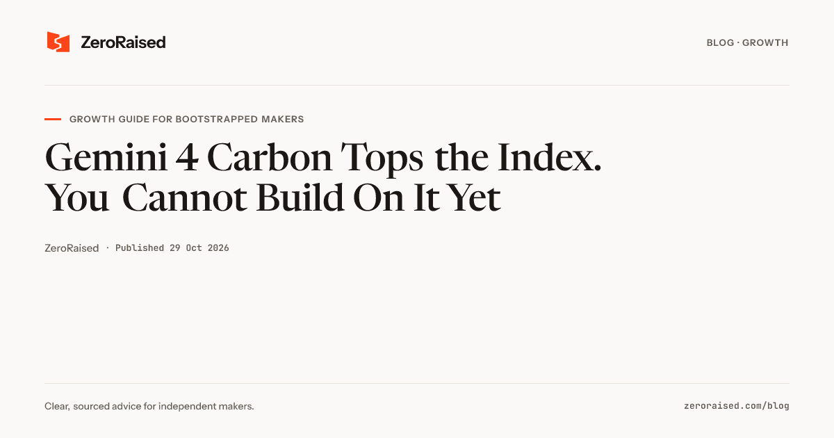 Editorial title card reading "Gemini 4 Carbon Tops the Index. You Cannot Build On It Yet" beside the orange ZeroRaised mark.