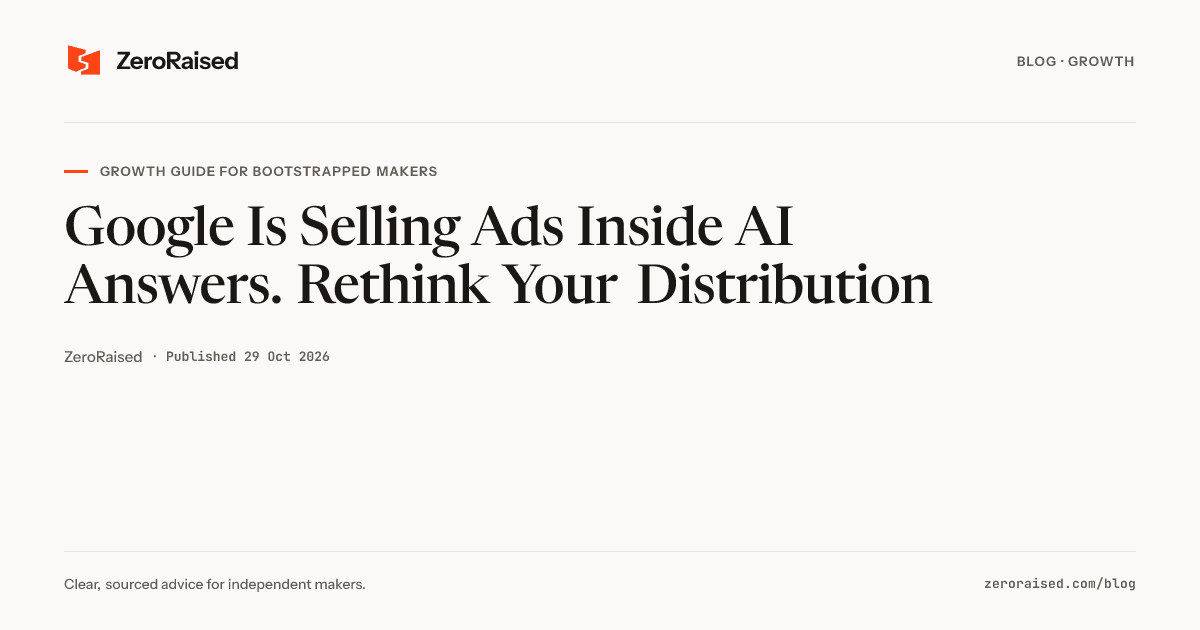 Editorial title card reading "Google Is Selling Ads Inside AI Answers. Rethink Your Distribution" beside the orange ZeroRaised mark.