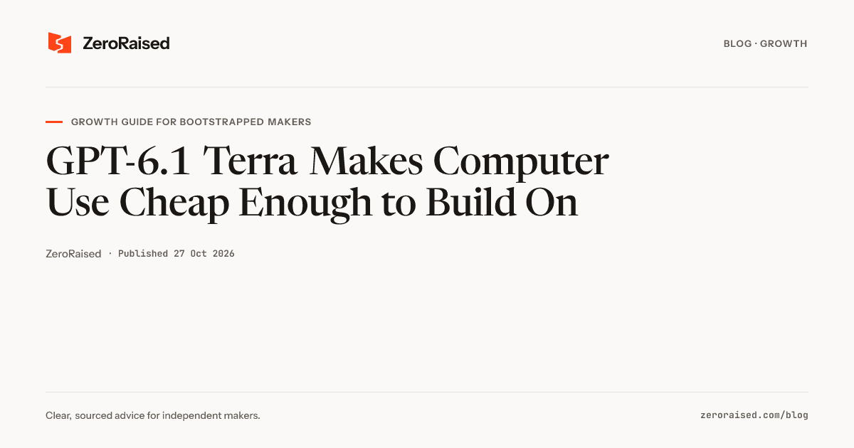 Editorial title card reading "GPT-6.1 Terra Makes Computer Use Cheap Enough to Build On" beside the orange ZeroRaised mark.