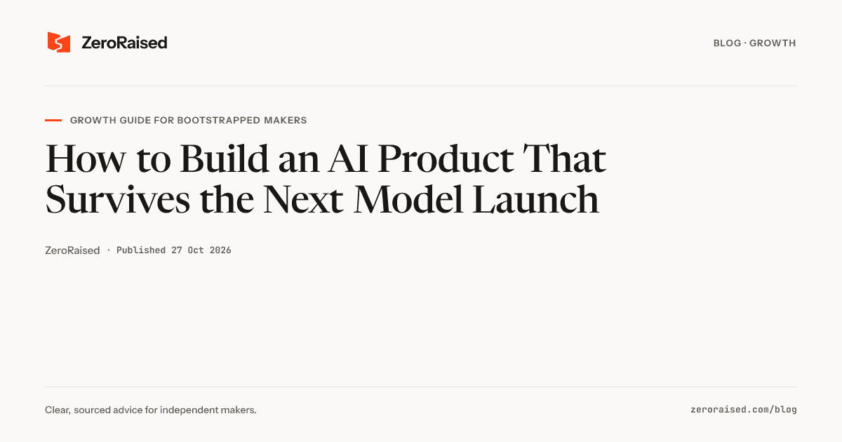 Editorial title card reading "How to Build an AI Product That Survives the Next Model Launch" beside the orange ZeroRaised mark.