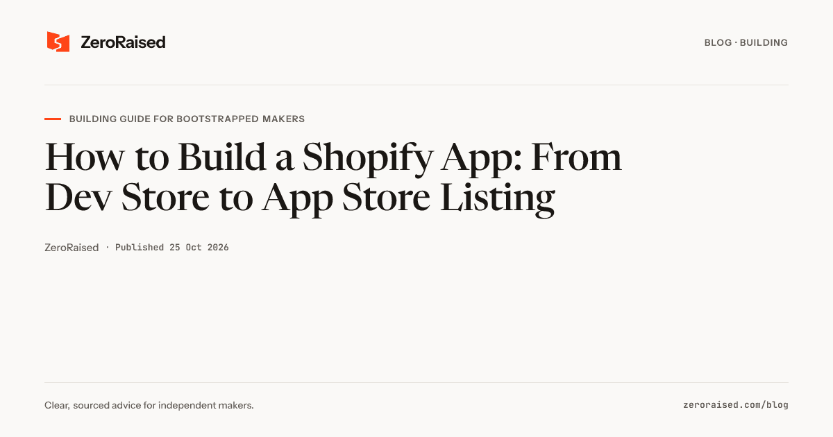 Editorial title card reading "How to Build a Shopify App: From Dev Store to App Store Listing" beside the orange ZeroRaised mark.