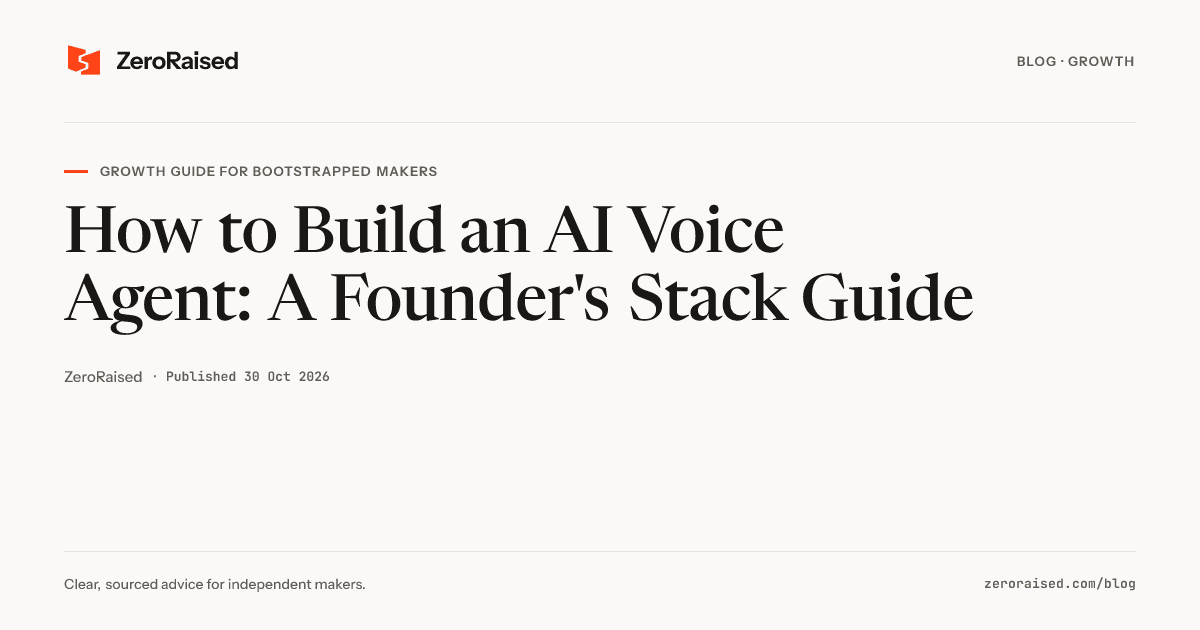 Editorial title card reading "How to Build an AI Voice Agent: A Founder's Stack Guide" beside the orange ZeroRaised mark.