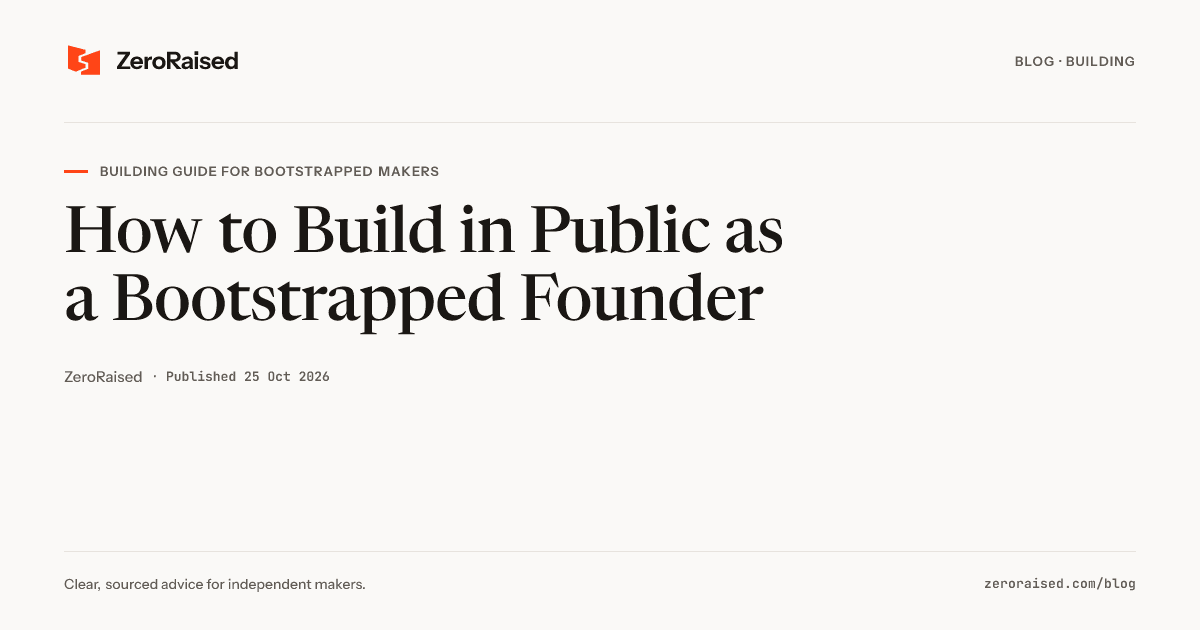 Editorial title card reading "How to Build in Public as a Bootstrapped Founder" beside the orange ZeroRaised mark.