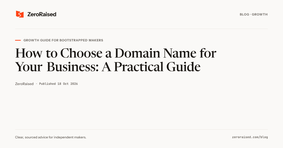 Editorial title card reading "How to Choose a Domain Name for Your Business" beside the orange ZeroRaised mark.