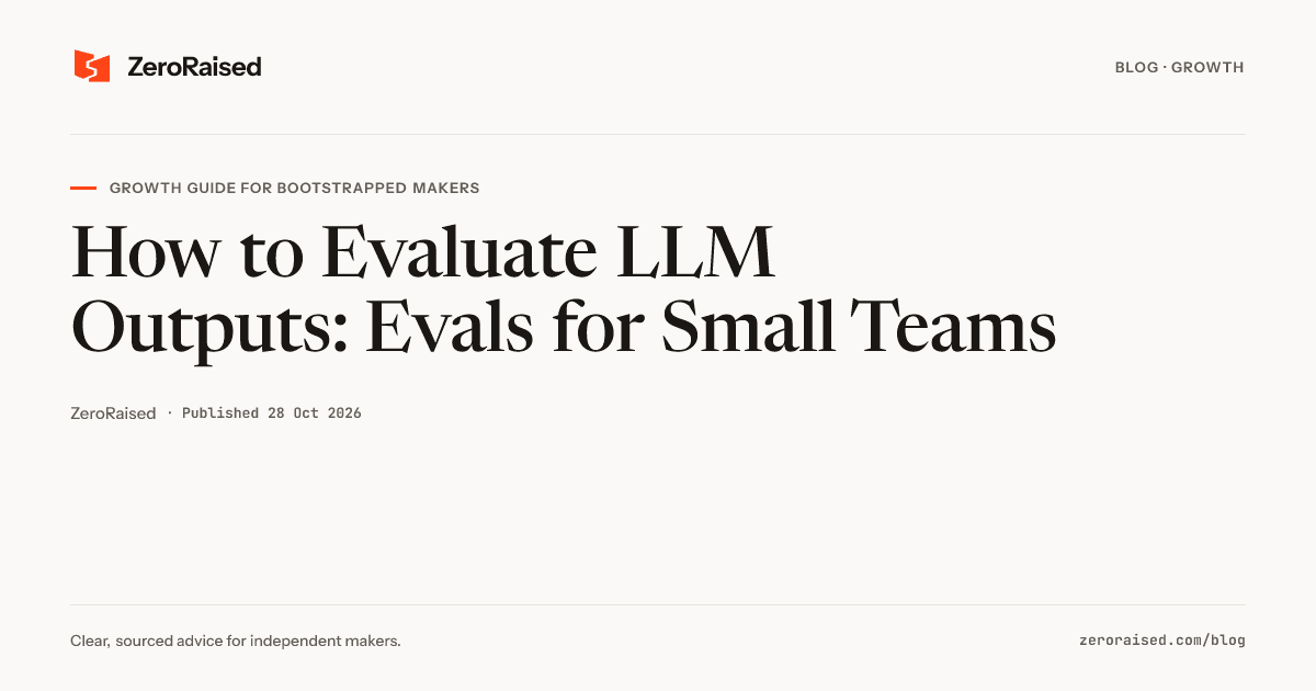 Editorial title card reading "How to Evaluate LLM Outputs: Evals for Small Teams" beside the orange ZeroRaised mark.