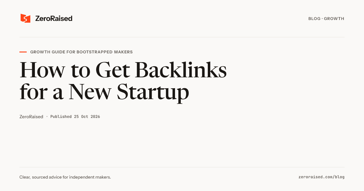 Editorial title card reading "How to Get Backlinks for a New Startup" beside the orange ZeroRaised mark.