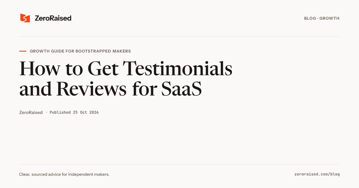 Editorial title card reading "How to Get Testimonials and Reviews for SaaS" beside the orange ZeroRaised mark.