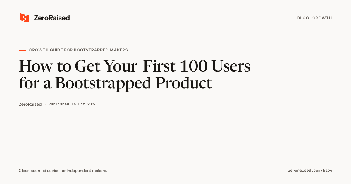 Editorial title card reading "How to Get Your First 100 Users for a Bootstrapped Product" beside the orange ZeroRaised mark.