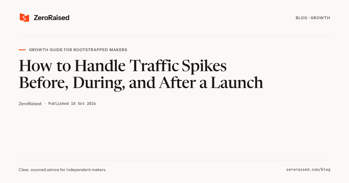 Editorial title card reading "How to Handle Traffic Spikes Before, During, and After a Launch" beside the orange ZeroRaised mark.