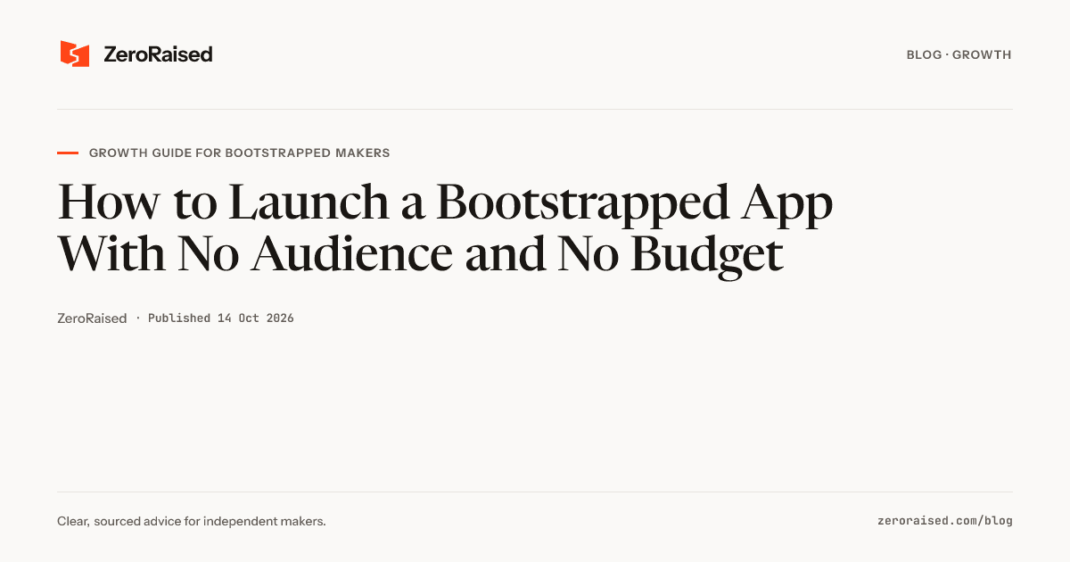 Editorial title card reading "How to Launch a Bootstrapped App With No Audience" beside the orange ZeroRaised mark.