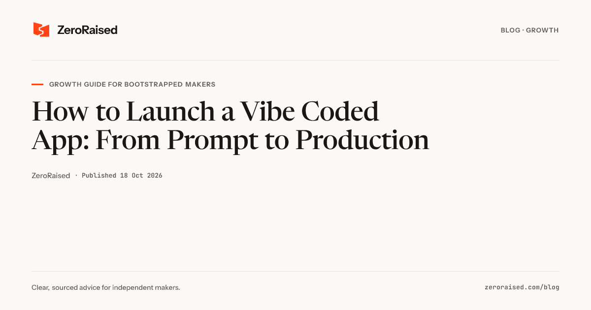 Editorial title card reading "How to Launch a Vibe Coded App: From Prompt to Production" beside the orange ZeroRaised mark.