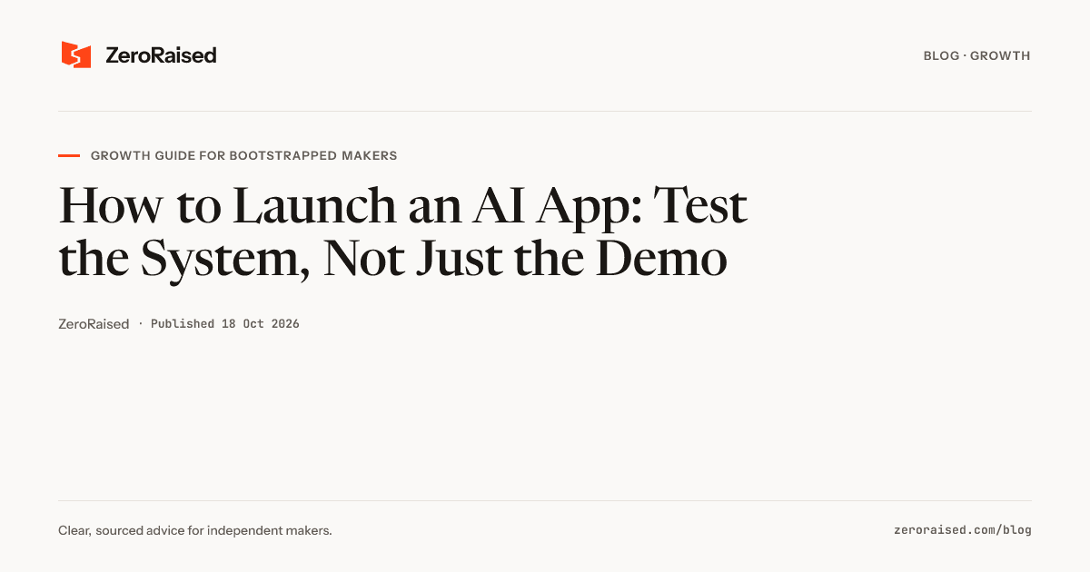 Orange #FF4517 ZeroRaised editorial title card reading "How to Launch an AI App" beside a launch-readiness scorecard.