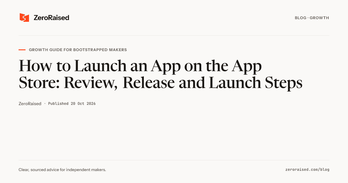 Editorial title card reading "How to Launch an App on the App Store: Review, Release and Launch Steps" beside the orange ZeroRaised mark.