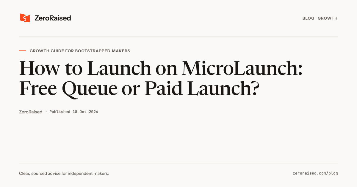 Editorial title card reading "How to Launch on MicroLaunch: Free Queue or Paid Launch?" beside the orange ZeroRaised mark.