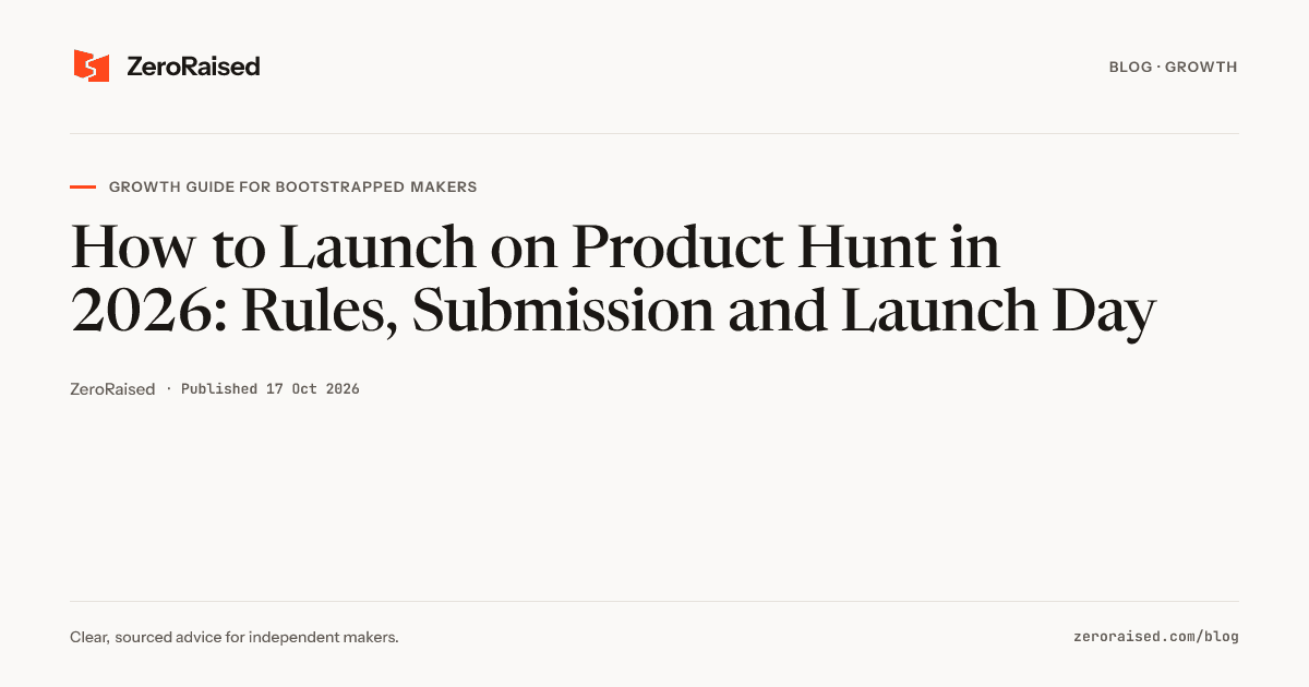 Orange #FF4517 editorial title card reading "How to Launch on Product Hunt in 2026: Rules, Submission and Launch Day" beside the ZeroRaised mark.