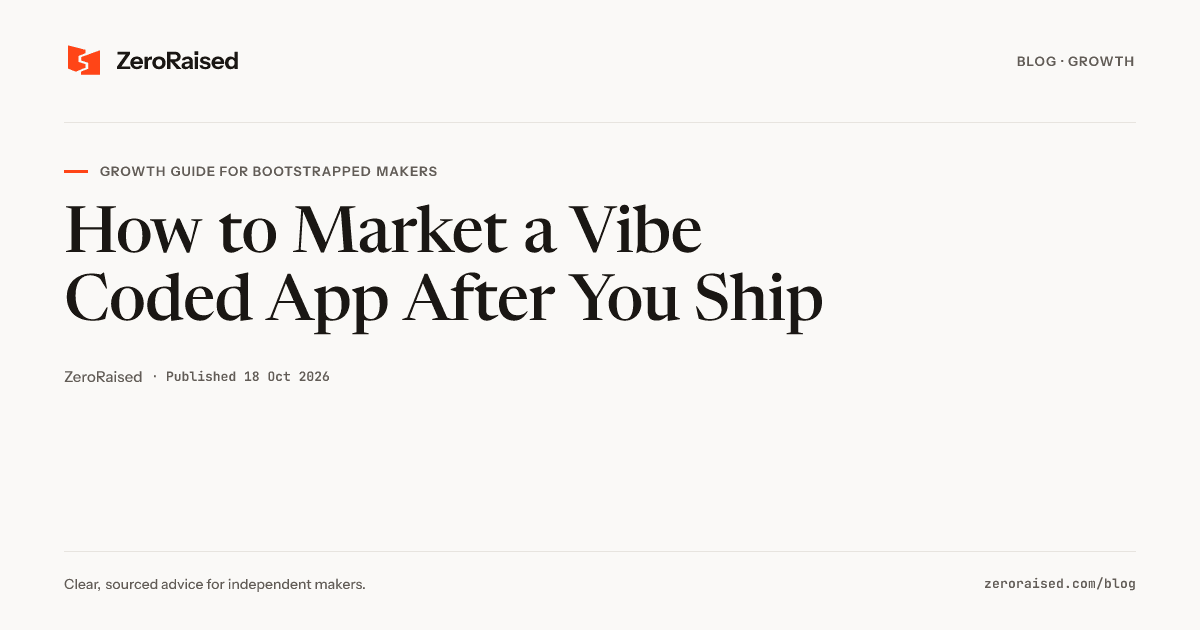 Editorial title card reading "How to Market a Vibe Coded App After You Ship" beside the orange ZeroRaised mark.