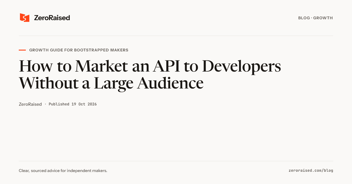 Editorial title card reading "How to Market an API to Developers Without a Large Audience" beside the orange ZeroRaised mark.
