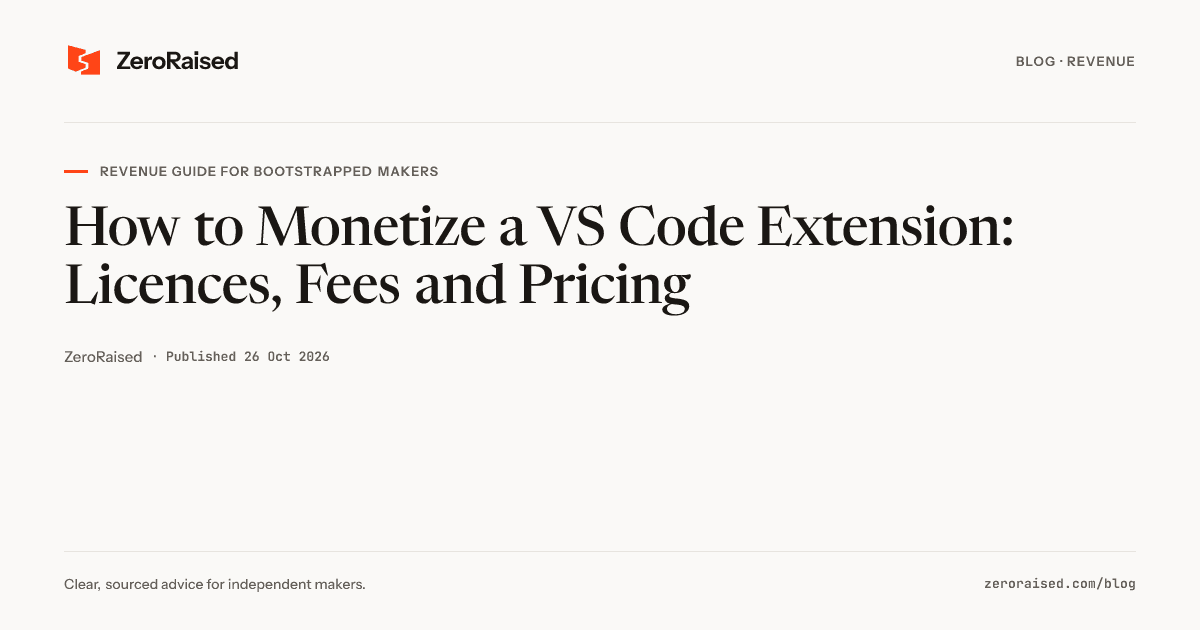Editorial title card reading "How to Monetize a VS Code Extension: Licences, Fees and Pricing" beside the orange ZeroRaised mark.