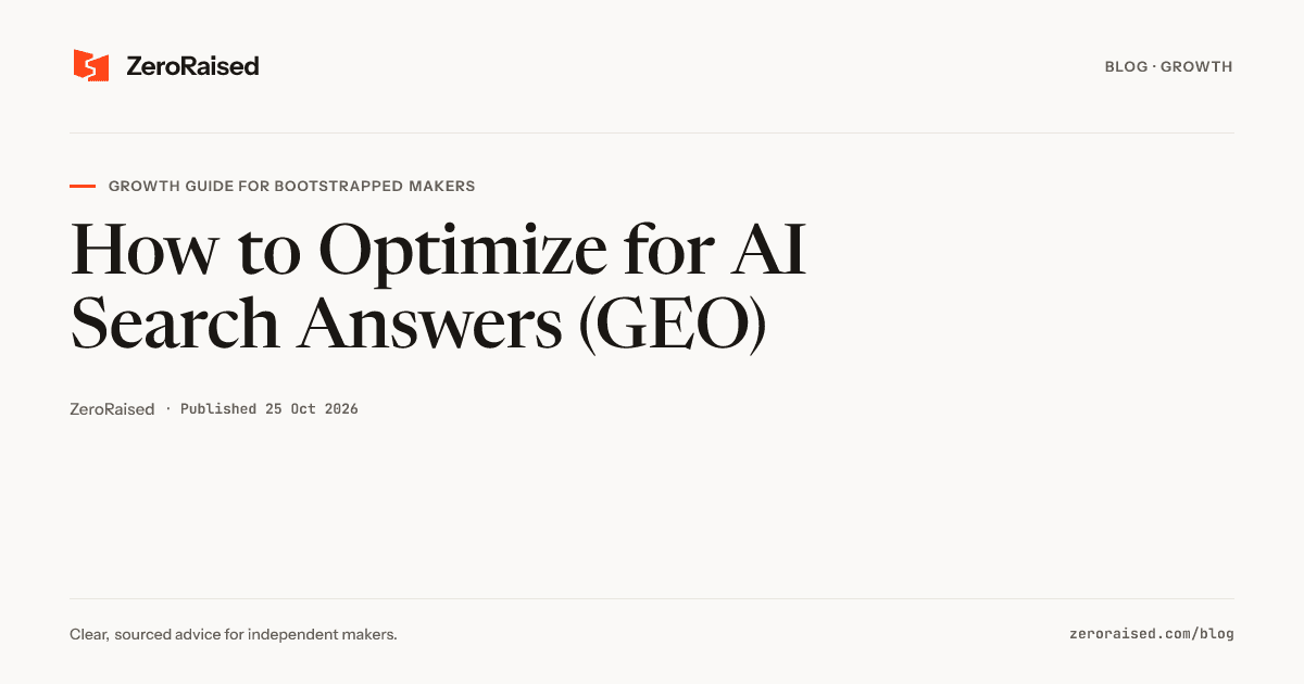 Editorial title card reading "How to Optimize for AI Search Answers (GEO)" beside the orange ZeroRaised mark.