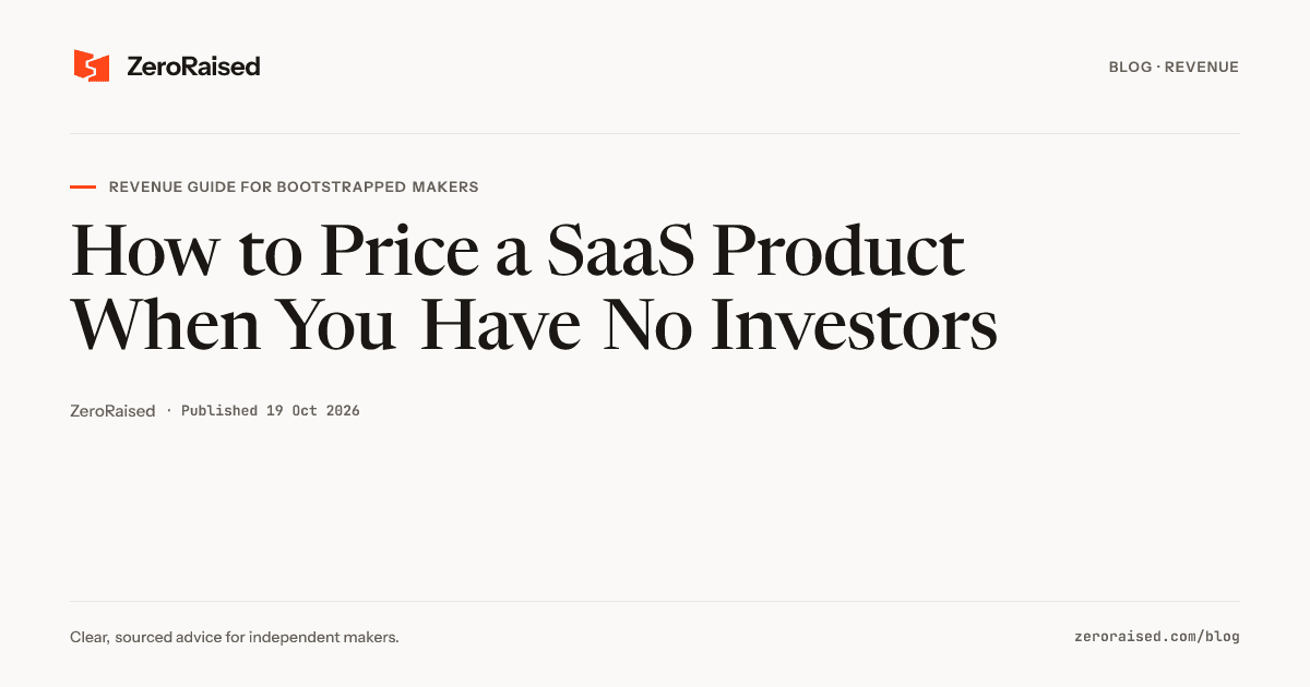 Editorial title card reading "How to Price a SaaS Product When You Have No Investors" beside the orange ZeroRaised mark.