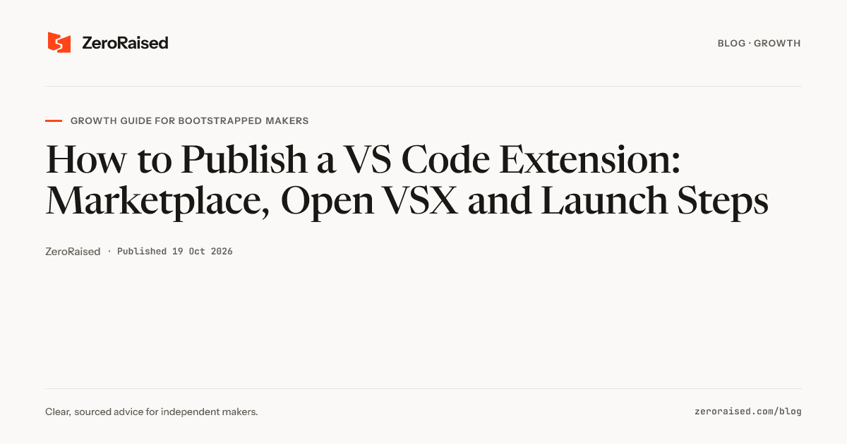 Editorial title card reading "How to Publish a VS Code Extension: Marketplace, Open VSX and Launch Steps" beside the orange ZeroRaised mark.