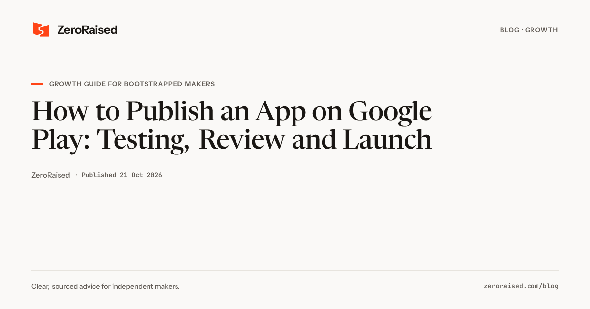 Editorial title card reading "How to Publish an App on Google Play: Testing, Review and Launch" beside the orange ZeroRaised mark.