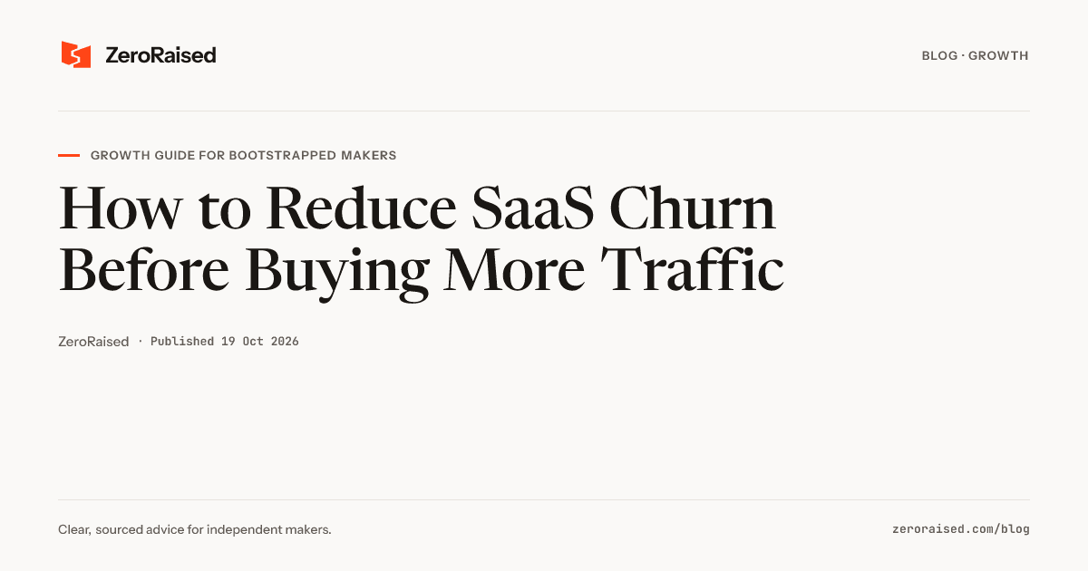Editorial title card reading "How to Reduce SaaS Churn Before Buying More Traffic" beside the orange ZeroRaised mark.
