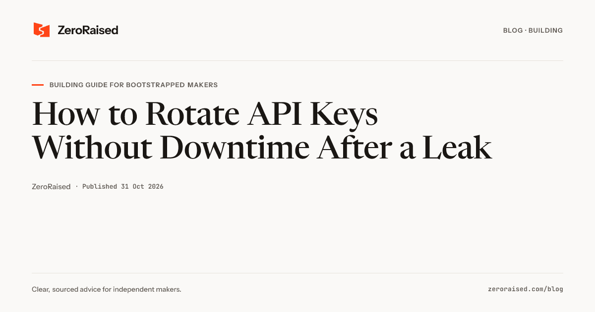Editorial title card reading "How to Rotate API Keys Without Downtime After a Leak" beside the orange ZeroRaised mark.