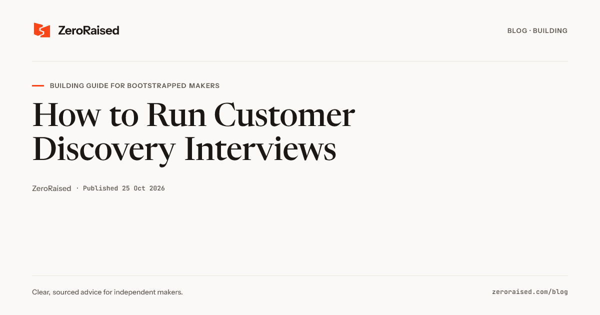 Editorial title card reading "How to Run Customer Discovery Interviews" beside the orange ZeroRaised mark.