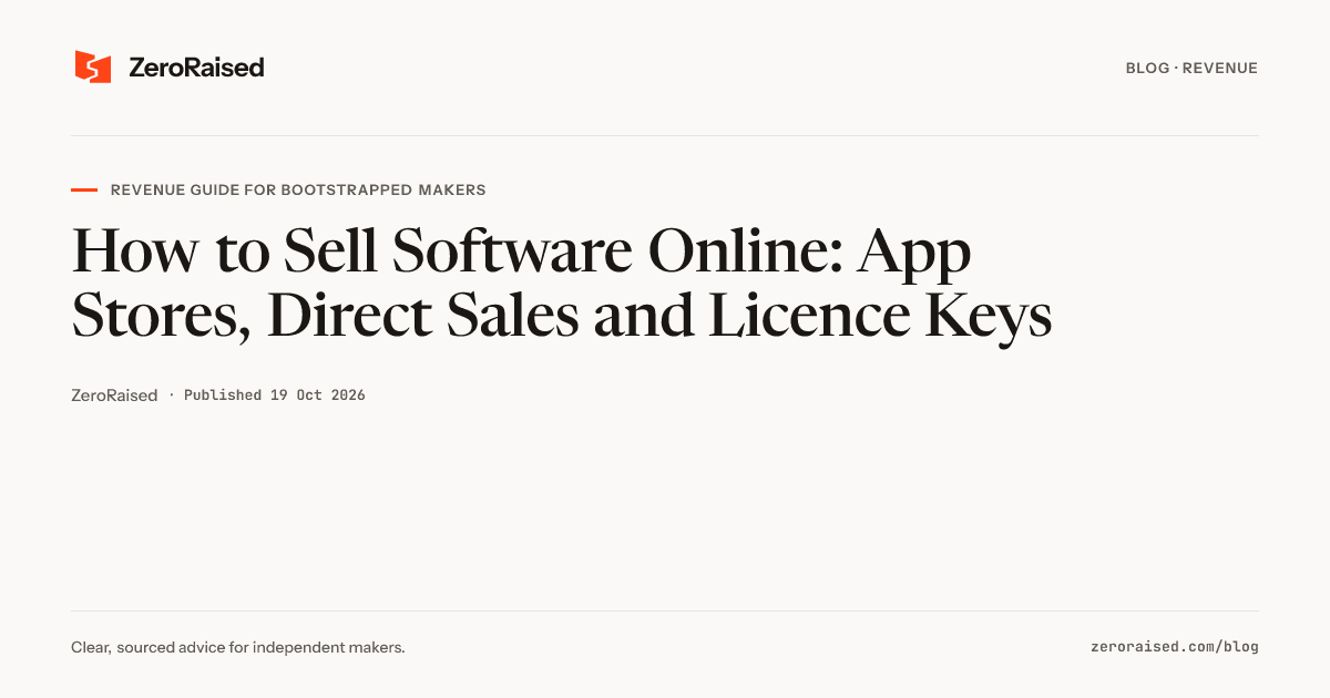 Editorial title card reading "How to Sell Software Online: App Stores, Direct Sales and Licence Keys" beside the orange ZeroRaised mark.