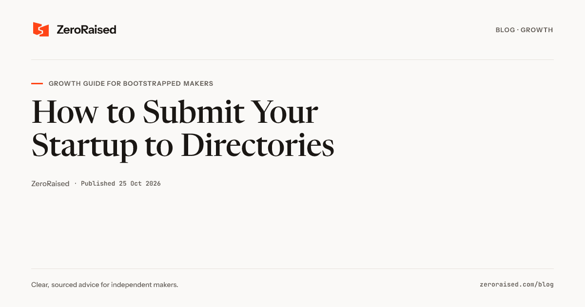 Editorial title card reading "How to Submit Your Startup to Directories" beside the orange ZeroRaised mark.
