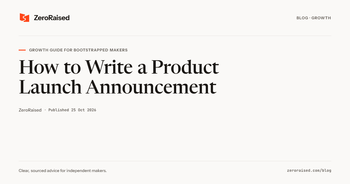 Editorial title card reading "How to Write a Product Launch Announcement" beside the orange ZeroRaised mark.