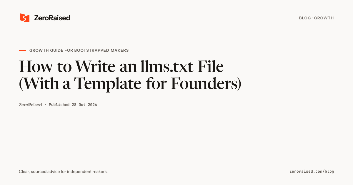 Editorial title card reading "How to Write an llms.txt File (With a Template for Founders)" beside the orange ZeroRaised mark.