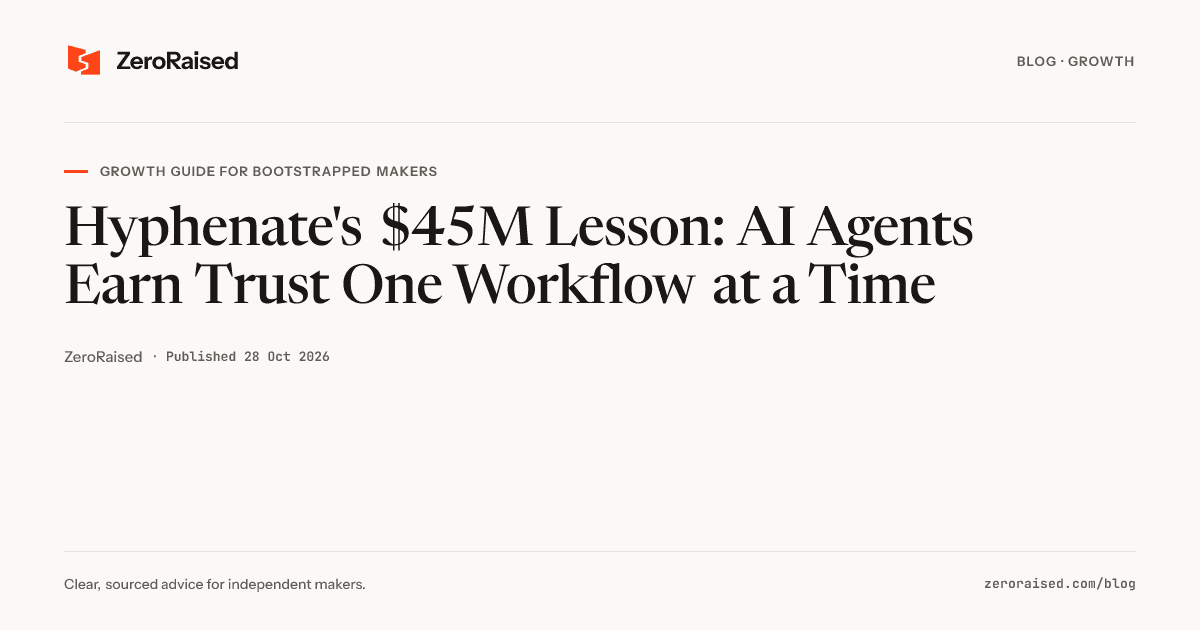 Editorial title card reading "Hyphenate's $45M Lesson: AI Agents Earn Trust One Workflow at a Time" beside the orange ZeroRaised mark.