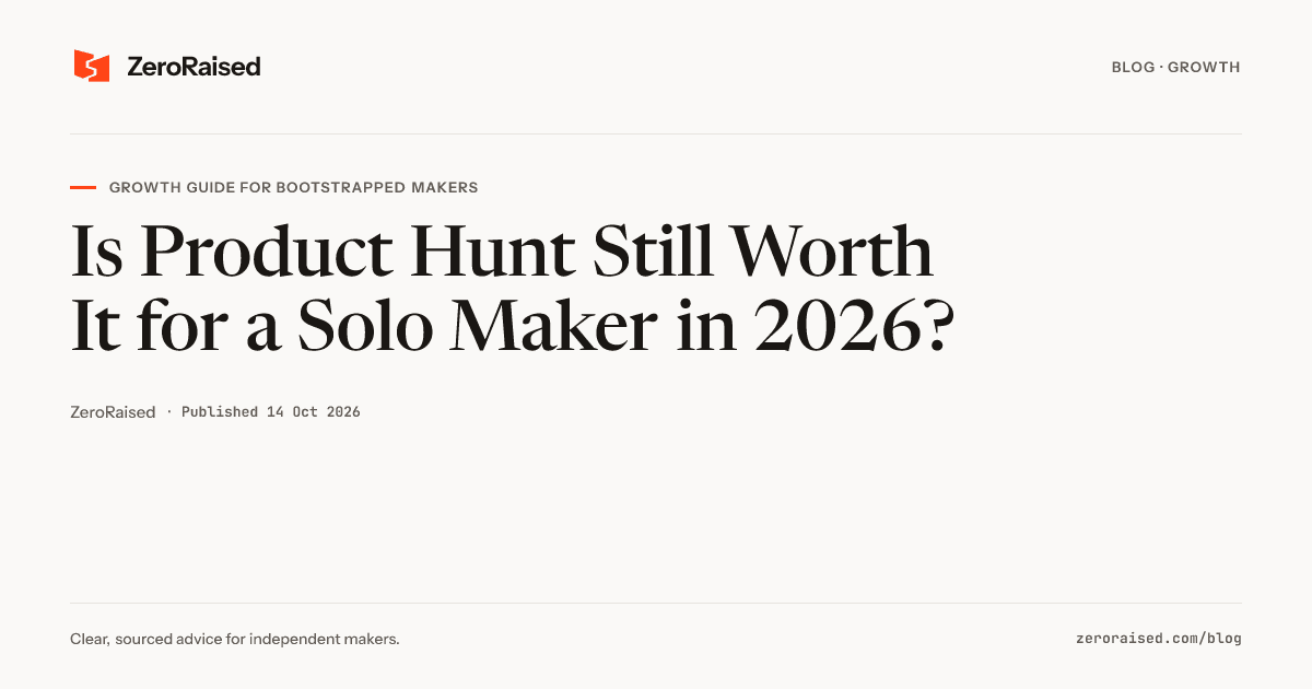 Editorial title card reading "Is Product Hunt Still Worth It for a Solo Maker in 2026?" beside the orange ZeroRaised mark.