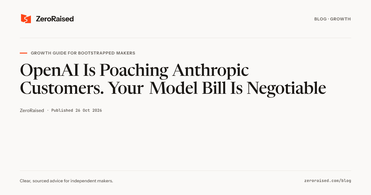 Editorial title card reading "OpenAI Is Poaching Anthropic Customers. Your Model Bill Is Negotiable" beside the orange ZeroRaised mark.