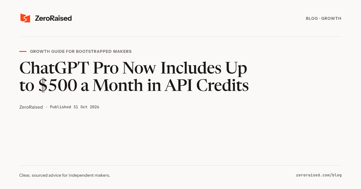 Editorial title card reading "ChatGPT Pro Now Includes Up to $500 a Month in API Credits" beside the orange ZeroRaised mark.
