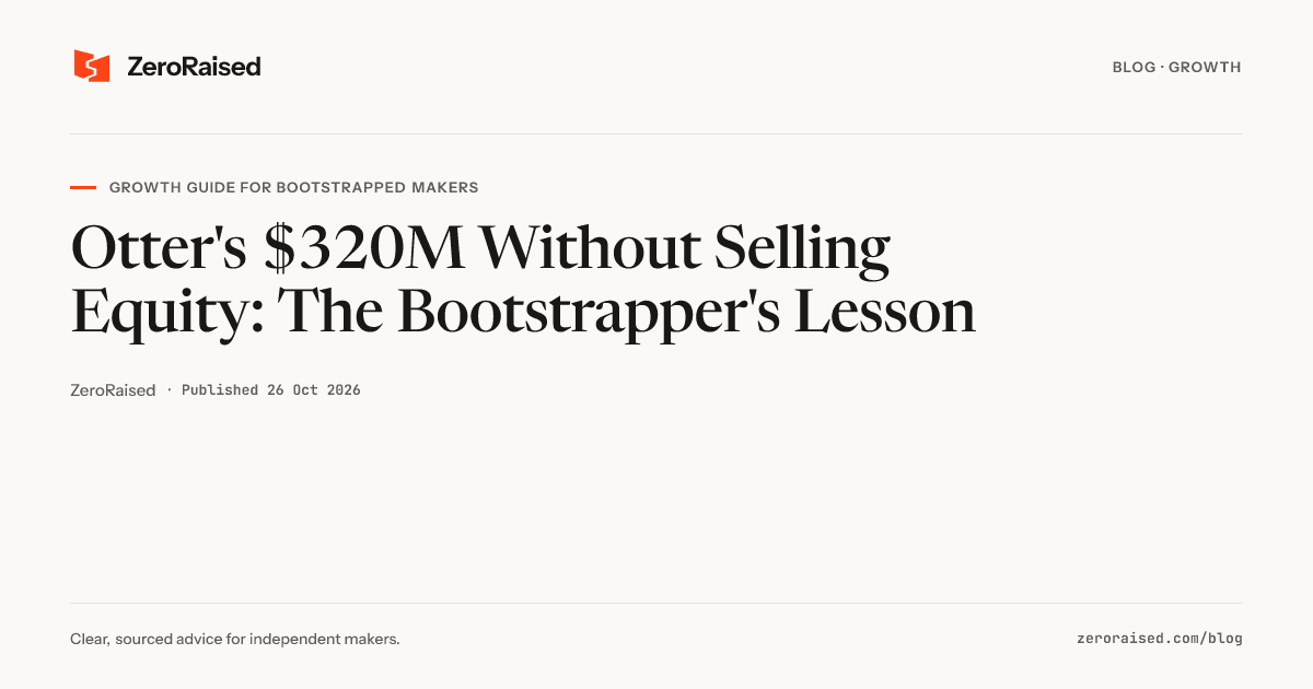Editorial title card reading "Otter's $320M Without Selling Equity: The Bootstrapper's Lesson" beside the orange ZeroRaised mark.