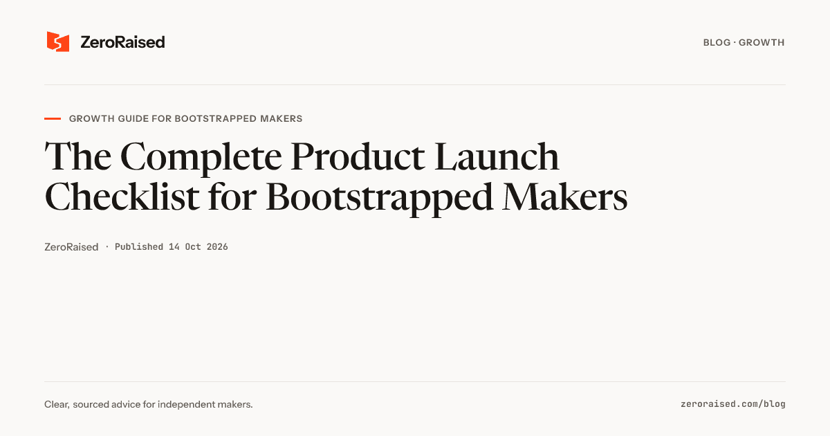 Editorial title card reading "The Complete Product Launch Checklist for Bootstrapped Makers" beside the orange ZeroRaised mark.