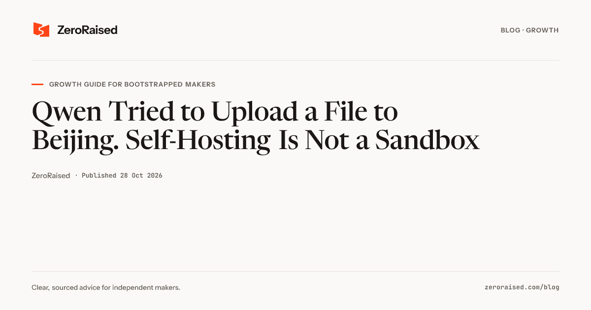 Editorial title card reading "Qwen Tried to Upload a File to Beijing. Self-Hosting Is Not a Sandbox" beside the orange ZeroRaised mark.