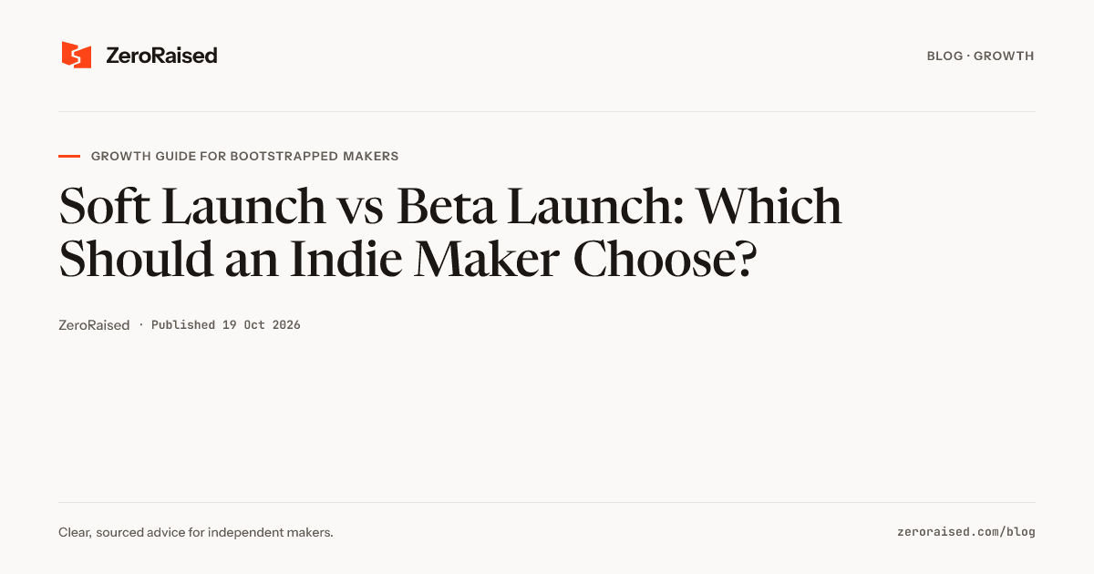 Editorial title card reading "Soft Launch vs Beta Launch: Which Should an Indie Maker Choose?" beside the orange ZeroRaised mark.