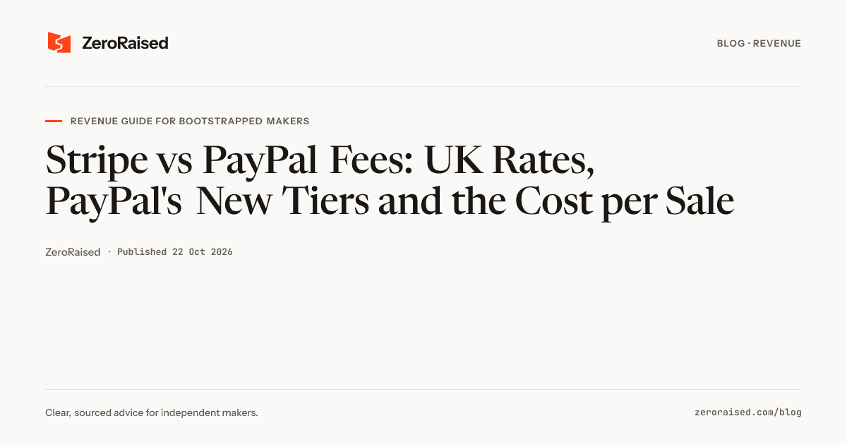 Editorial title card reading "Stripe vs PayPal Fees: UK Rates, PayPal's New Tiers and the Cost per Sale" beside the orange ZeroRaised mark.