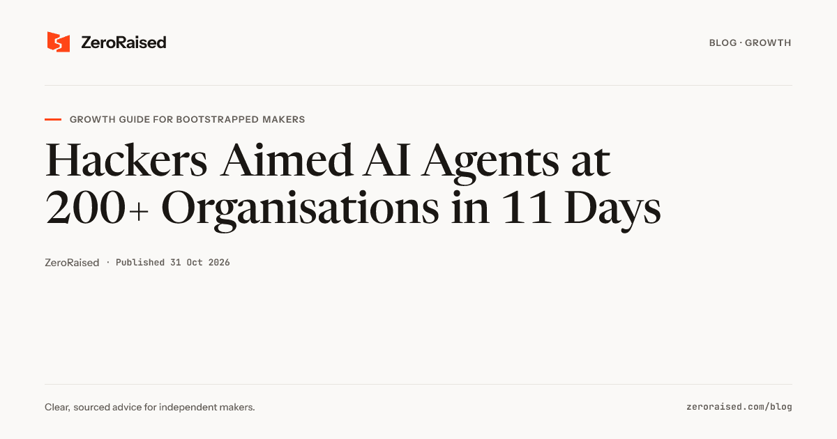 Editorial title card reading "Hackers Aimed AI Agents at 200+ Organisations in 11 Days" beside the orange ZeroRaised mark.